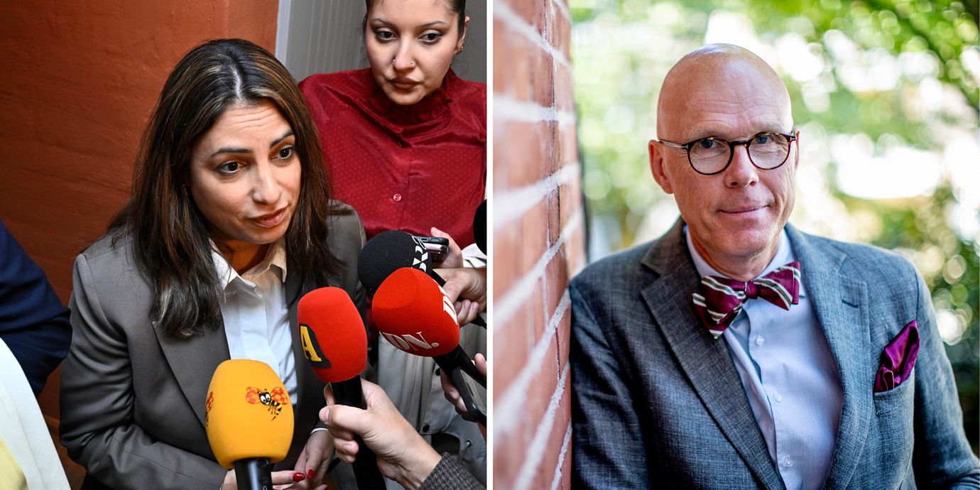 Till vänster: Vänsterpartiets partiledare Nooshi Dadgostar. Till höger: Jonas Hinnfors, professor i statsvetenskap vid Göteborgs universitet.
