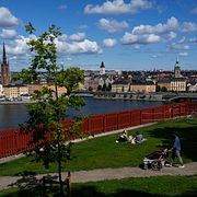 People enjoy sunny weather in a park in Stockholm, Sweden, Thursday, July 27, 2023. (AP Photo/Pavel Golovkin)  XPAG101