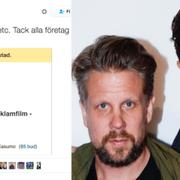 Fredrik Wikingssons inlägg på Twitter. Filip Hammar, Fredrik Wikingsson. Arkivbild.