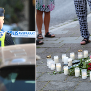 Polis på mordplatsen och ljus till den mördade kvinnans minne.