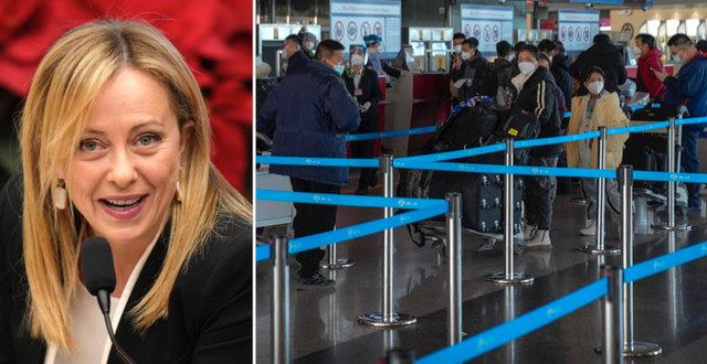 Giorgia Meloni, flygplats i Peking. Alessandra Tarantino / AP, Andy Wong / AP