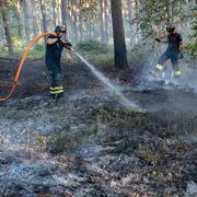 Räddningstjänsten släcker en av flera bränder i skogen utanför Åhus.