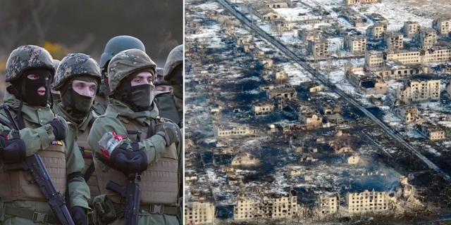 Ukrainska soldater/Drönarbilder visar skillnaden mellan 19 och 24 februari i staden Marinka. TT