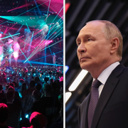 Arkivbild från Eurovision 2025 och en bild på Vladimir Putin.