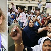 Cecilia Uddén och arkivbild på strejkande textilarbetre i Mahalla.