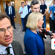 Statsminister Ulf Kristersson (M) och Socialdemokraternas partiledare Magdalena Andersson (S) möter media före partiledardebatten i riksdagen den 10 september. 