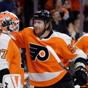 Philadelphia Flyers Brian Elliott, Jakub Voracek och Robert Hägg.