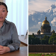 Till vänster: Wildberries vd Tatjana Kim. Till höger: Rök stiger mot himlen efter en drönarattack mot ett Wildberries-varuhus i S:t Petersburg den 24 juli.