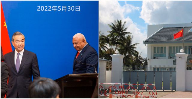 Wang och Bainimarama/Kinas ambassad på Fiji. AP