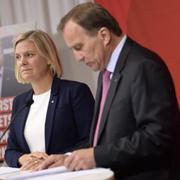 Finansminister Magdalena Andersson och statsminister Stefan Löfven på tisdagens pressträff. 