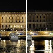 Slottet i Stockholm före och efter det släckts ned 2011.