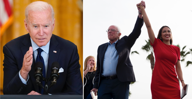 USA:s president Joe Biden till höger. Vänsterprofilerna Alexandria Ocasio-Cortez och Bernie Sanders till höger. TT