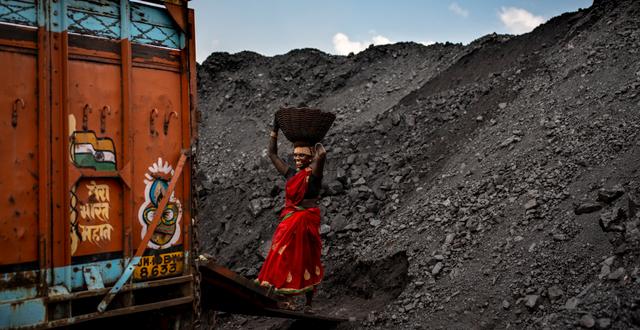 En arbetare i Indien lastar kol på en lastbil. Altaf Qadri / TT NYHETSBYRÅN