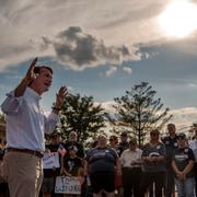 DESCRIPTIONRepublican gubernatorial candidate Glenn Youngkin speaks during a campaign stop at T4Tactics, a firearm training facility, in Campbell County, Va., Wednesday, Oct. 13, 2021