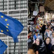 EU:s flagga och folk på bazaar i Teheran, Iran. 