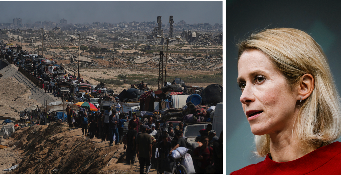 Palestinier flyr Gaza stad inför Israels invasion. Till höger EU:s utrikeschef Kaja Kallas. 