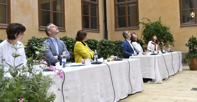 Ministrarna blickar upp mot ljudet. ALI LORESTANI/TT / TT NYHETSBYRÅN