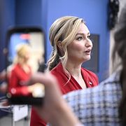 Arkivbild: Energi- och näringsminister Ebba Busch (KD), intervjuas efter en pressträff där de presenterar nyheter på kärnkraftsområdet. 