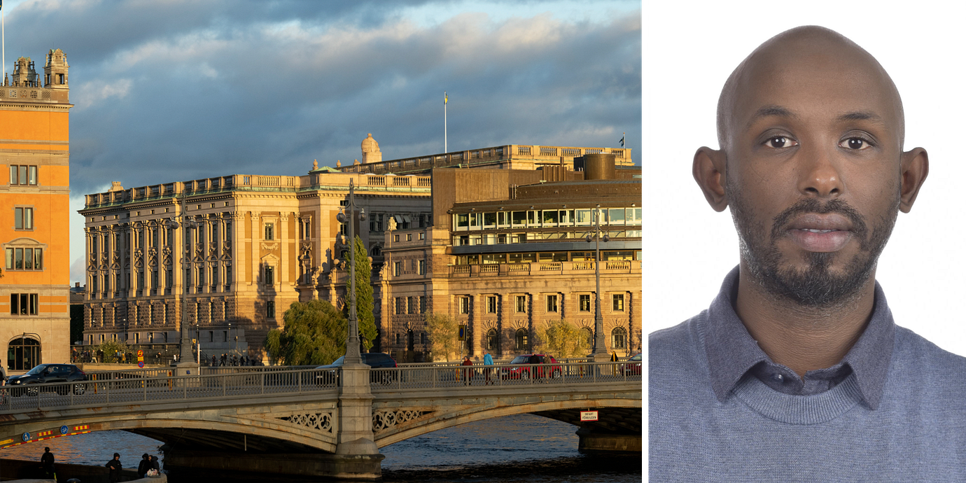 Riksdagen i Stockholm och V-ledamoten Mohamed Ali.