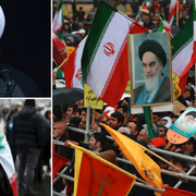 President Hassan Rouhani/En kvinna visar upp en bild på Ayatollah Khomeini/Stora demonstrationer i Teheran under revolutionens årsdag.