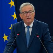 Jean-Claude Juncker vid sitt linjetal i dag.