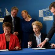 Brussels, Belgium. 28th January 2020. Kristalina Georgieva , Managing Director of the IMF and EU Commission President Ursula von der Leyen during a Signature of a Financial Agreement.