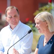 Stefan Löfven och Magdalena Andersson vid pressträffen.