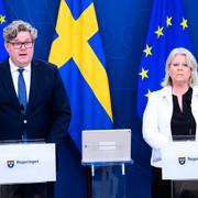 Justitieminister Gunnar Strömmer (M) och socialtjänstminister Camilla Waltersson Grönvall (M) under en pressträff om en ny nationell brottsförebyggande strategi i våras. 