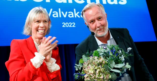 Liberalernas partisekreterare Maria Nilsson (L) och partiledaren Johan Pehrson (L) under valvakan. Christine Olsson / TT NYHETSBYRÅN