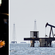 Arkivbild på Donald Trump och en venezuelansk oljeplattform.