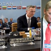Montenegros utrikesminister Igor Luksic sitter bredvid Jens Stoltenberg på onsdagens sammanträde. Arkivbild till höger: Dmitri Peskov i samtal med Vladimir Putin.