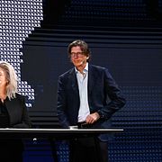 Martin Lundstedt, vd Volvo Group, Gunilla Osswald, vd BioArctic, Lotta Lyrå, vd Södra, och Niklas Zennström, grundare och vd Atomico, på scen under Tillväxtdagen i Stockholm.