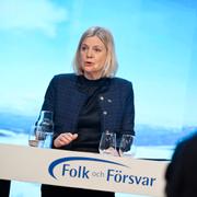 Magdalena Andersson (S) talar när Folk och försvars rikskonferens inleds på Sälens Högfjällshotell på söndagen.