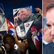 Människor håller upp bilder på Fidel Castro i Havanna. Stefan Löfven.