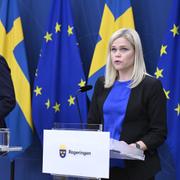 Justitieminister Gunnar Strömmer (M) och jämställdhetsminister Paulina Brandberg (L) presenterar nya åtgärder mot mäns våld mot kvinnor vid en pressträff.