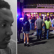 Dahir Adan till vänster. Folk utanför gallerian i St. Cloud.