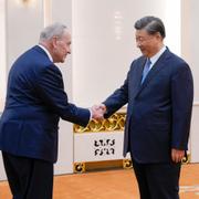 Xi Jinping och Chuck Schumer skakar hand under måndagens möte i Peking. 