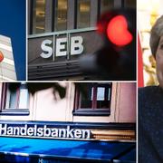 Illustration: Swedbank, SEB, Handelsbanken och Storbritanniens premiärminister Theresa May.