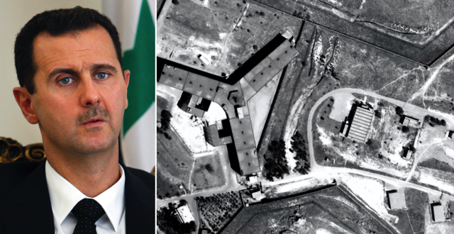 Syriens president Bashar al-Assad till vänster. Flygbild över fängelset Saydnaya till höger. TT