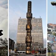 ”Guds hand” av Carl Milles, ”Kristallvertikalaccent” av Edvin Öhrström, ”Poseidon med brunnskar@ av Milles.