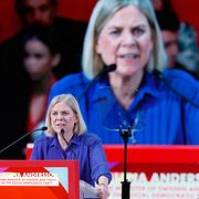 Socialdemokraternas partiledare Magdalena Andersson talar på Global Progressive Mobilisation forum i Barcelona.