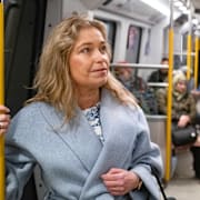 Annika Strandhäll i Stockholms tunnelbana april 2024.