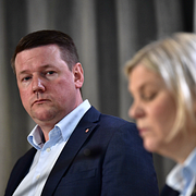 Socialdemokraternas partiledare Magdalena Andersson och partisekreterare Tobias Baudin.