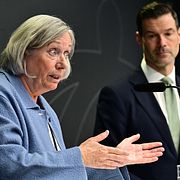 Den särskilda utredaren Anita Linder och Johan Forssell (M), migrationsminister, under dagens pressträff.