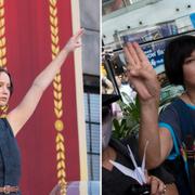 Filmhjälten Katniss Everdeen från Hunger Games-trilogin, demonstranter i Thailand.