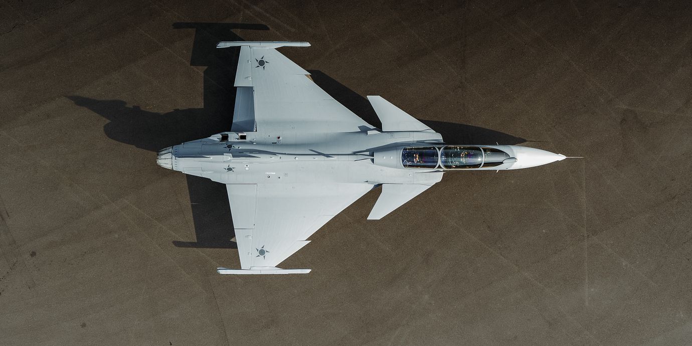 Saabs Gripen F vid fabriken i Linköping.