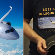 Skiss av Singapore Airlines flygplan och en man med en ny t-shirt på väg ombord.