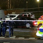 Polisen på brottsplatsen på söndagen.