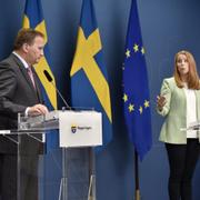 Statsminister Stefan Löfven (S) under en digital pressträff tillsammans med Centerpartiets partiledare Annie Lööf under regeringskrisen, 20 juni 2021. 