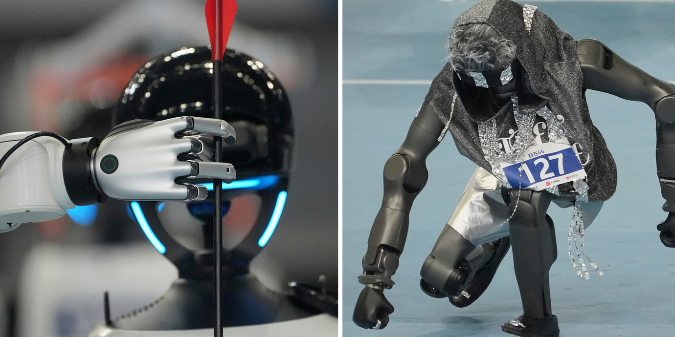 Humanoida robotar utan Världsrobotspelen i Peking förra månaden.